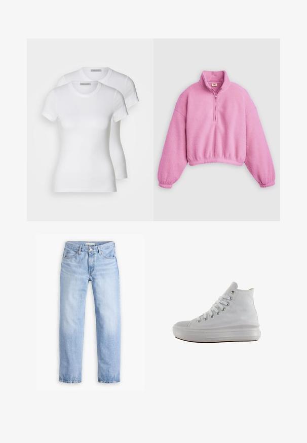 Roze fleece trui met een kraag met een kwart ritssluiting, oversized pasvorm, elastische manchetten en een korte zoom, met een zacht, gestructureerd oppervlak.; Twee witte katoenen t-shirts met korte mouwen, ronde halslijnen en een getailleerd silhouet, met een zachte textuur en minimalistisch ontwerp.; Lichtblauwe denim jeans met een rechte pijp, vijf zakken en een middelhoge taille. Heeft een vervaagde textuur en een gestikte zoom.; Witte hoge canvas sneaker met witte veters, metalen oogjes, dikke rubberen zool en gestructureerde neuskap, naar links gericht op een witte achtergrond.