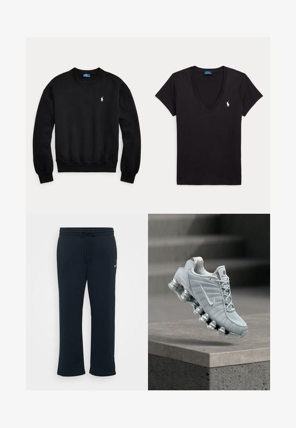 Čierna mikina s dlhými rukávmi a okrúhlym výstrihom, s rebrovanými manžetami a lemom, s malým bielym logom Polo Ralph Lauren na ľavej strane hrudníka.; Čierne tričko s krátkym rukávom a výstrihom do V, s malým bielym logom koňa a jazdca na ľavej strane hrudníka a modrou štítkom na golieri.; Čierne tepláky s elastickým pásom a nastaviteľnou šnúrkou. Obsahujú malé biele logo Nike na ľavej strane. Mäkká textúra látky.; Svetlosivá bežecká topánka Nike s odpruženou pružinovou podrážkou vznášajúca sa nad betónovým okrajom, rozmazané pozadie schodiska.