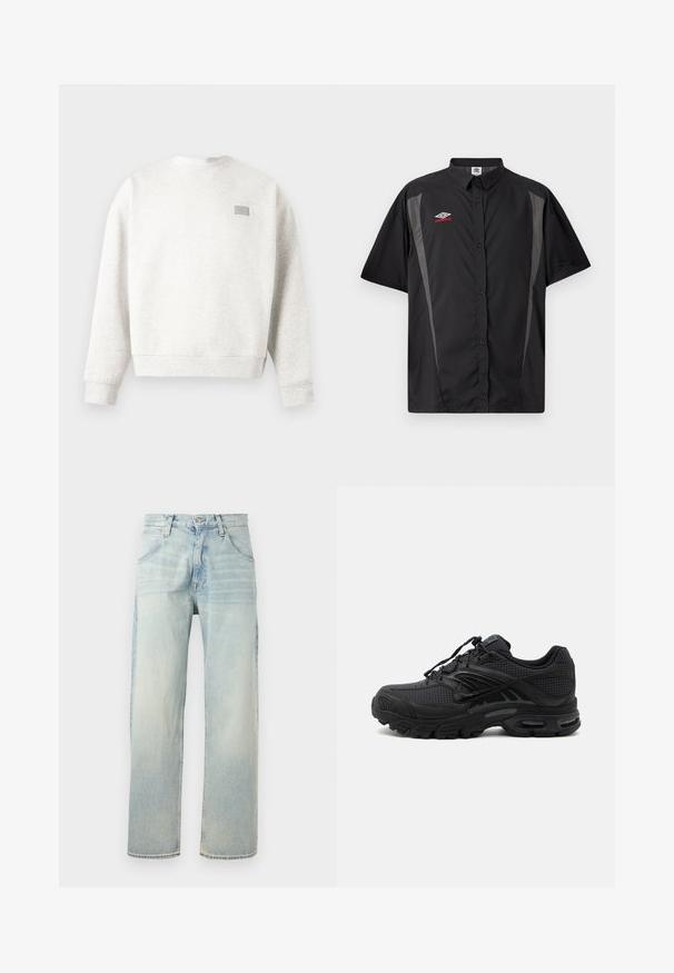 Sweat-shirt à col ras du cou gris clair avec manches longues et un petit patch rectangulaire sur la partie supérieure gauche de la poitrine.; Chemise noire à manches courtes avec panneaux latéraux gris et logo Umbro rouge et blanc sur la poitrine gauche.; Jean denim bleu clair droit avec fermeture bouton et zip, poches avant et arrière, et détails d'aspect délavé.; Baskets de sport noires avec tissu texturé, semelle épaisse et rembourrée, aérations et fermeture à lacets, vues de profil sur fond clair.