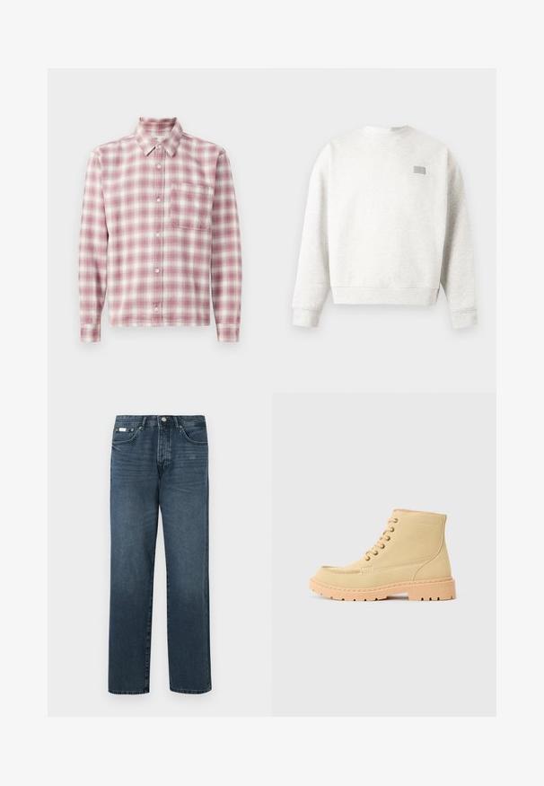 Lysegrå crewneck-sweatshirt med lange ærmer og et lille rektangulært mærke på øverste venstre bryst.; Langærmet plaid skjorte i pink og hvid. Fremstillet af et blødt stof med knap-ned krave, enkelt brystlomme og knaplukninger.; Mørkeblå denimbukser med lige pasform, fem lommer, bæltestropper og lynlås. Glat tekstur med subtile blegede detaljer.; Beige ruskind ankelstøvler med en beige gummisål, der har snørebånd og synlige søm langs kanterne.