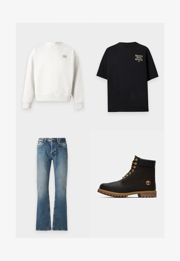 Hellgrauer Sweatshirt mit Rundhalsausschnitt, langen Ärmeln und einem kleinen rechteckigen Aufnäher auf der oberen linken Brust.; Schwarzes T-Shirt mit kurzen Ärmeln, beigem Schriftzug "BOOTS WITH ROOTS" und kleinem Baum-Logo auf der linken Brustseite.; Blaue Jeans aus Denim mit einem verwaschenen Effekt, geradem Bein Schnitt, Knopf- und Reißverschluss und fünf Taschen Design.; Schwarze Leder-Ankle-Boots mit goldenen Ösen, braunen Akzenten und einer Gummisohle. Verfügt über einen gepolsterten Schaft und ein geprägtes Logo an der Seite.