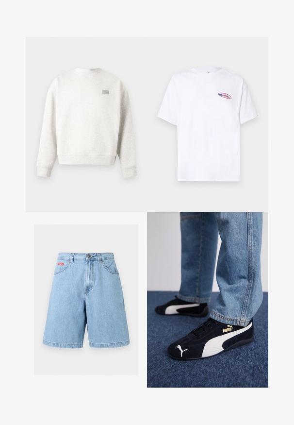 Sweat-shirt à col ras du cou gris clair avec manches longues et un petit patch rectangulaire sur la partie supérieure gauche de la poitrine.; T-shirt blanc à manches courtes avec un petit logo ovale rose et bleu sur la poitrine gauche, sur un fond clair uni.; Short en denim bleu clair avec fermeture avant par bouton et zip, passants de ceinture et poches avant, présenté sur un fond uni.; Baskets en daim noir avec accents blancs, arborant un logo doré. Portées avec un jean en denim bleu clair et posées sur une surface bleue texturée.