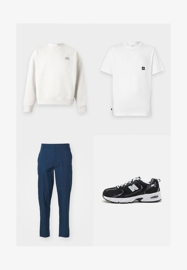 Hellgrauer Sweatshirt mit Rundhalsausschnitt, langen Ärmeln und einem kleinen rechteckigen Aufnäher auf der oberen linken Brust.; Weißes Baumwoll-T-Shirt mit Rundhalsausschnitt, kurzen Ärmeln und einer Brusttasche mit schwarzem Logo-Patch. Glatte Textur, lockere Passform.; Marineblaue Hose aus glattem Stoff, körpernahe Passform, mit Fronttaschen und einem knöpfbaren Verschluss an der Taille. Keine sichtbaren Muster.; Schwarze und graue Sportschuhe mit Obermaterial aus Mesh und Wildleder, ausgestattet mit einer weißen Zwischensohle, Schnürsenkeln und einem markanten "N"-Logo an der Seite.