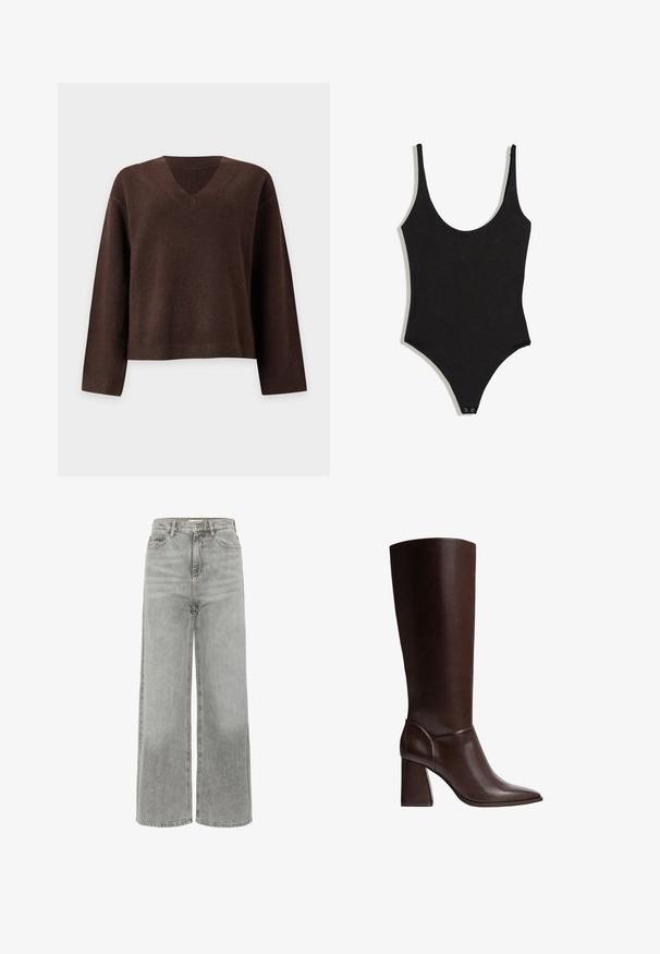 Brun langærmet V-udskæring strikket sweater med ribkanter ved ærmer og kant mod en ensartet lysegrå baggrund.; Sort ærmeløs body med rund halsudskæring og trykknapper i skridtet, vist på hvid baggrund.; Højtaljede brede jeans i lys grå denim, med lynlås, bæltestropper og klassisk fem-lomme design med en glat tekstur.; Brune læderknæhøje støvler med spidse tæer og blokhæle, der har en glat overflade og et strømlinet design. Udsmykket syning ved anklen.