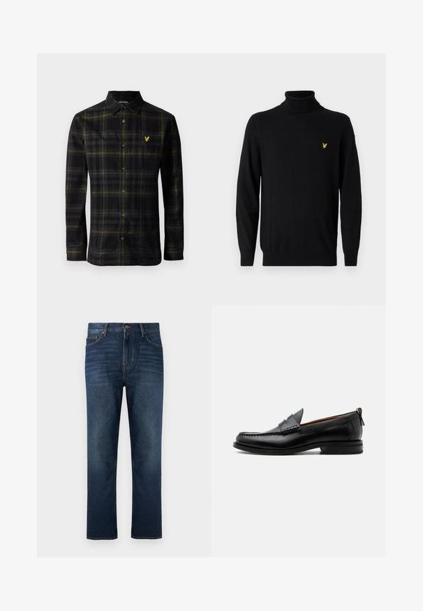 Sort turtleneck sweater lavet af blødt stof, med lange ærmer og et lille gult logo på venstre brystområde. Fladstrikket tekstur.; Sort langærmet skjorte med knapper og mønster i gul og grå tern, krave, og lille gul broderet fuglelogo på brystet.; Mørkeblå denimjeans med et lige ben design, der har lukning med knapper foran og subtile falmede detaljer på stoffet.; Sort læder herre loafer med moc-tå syning, penny strop, struktureret krave og lav stablet hæl på hvid baggrund.