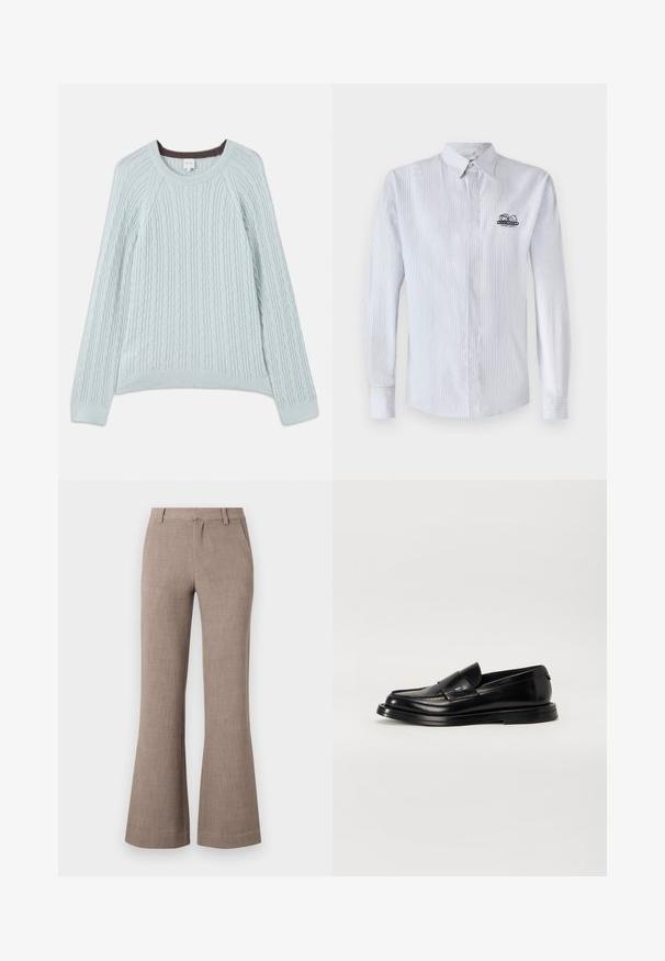 Pull en maille torsadée bleu clair avec des manches raglan, un col rond et des poignets côtelés. Texture douce avec un subtil accent marron au niveau du col.; Iceberg CAMICIA - Chemise - bianco/blu/azzurro; Pantalons évasés beiges en tissu texturé, avec fermeture éclair et poches latérales pour plus de fonctionnalité. Design ajusté.; The Antipode COLLEGE - Mocassins - black