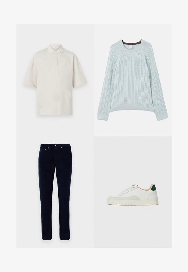 Pull en maille torsadée bleu clair avec des manches raglan, un col rond et des poignets côtelés. Texture douce avec un subtil accent marron au niveau du col.; Polo beige à manches courtes, col classique, trois boutons devant et texture douce. Dispose d'une coupe décontractée et ample.; Pantalons en velours côtelé bleu foncé pour hommes, coupe ajustée, avec poches avant et arrière, passants de ceinture et fermeture à bouton.; Baskets blanches avec des accents en daim, bout arrondi, lacets plats et semelle en caoutchouc crème. Présente une marque verte sur le talon.