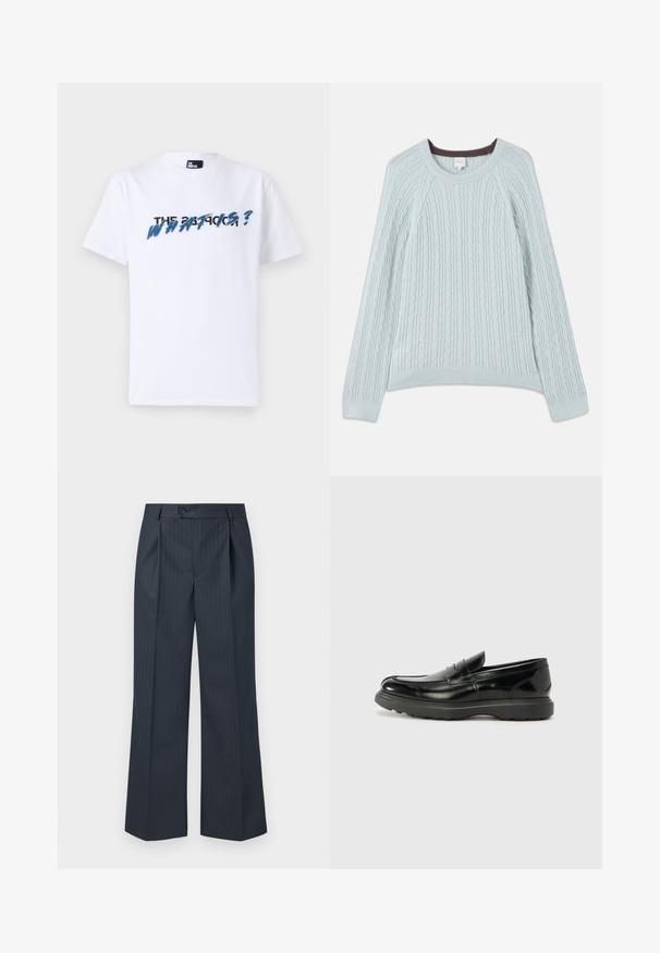 Pull en maille torsadée bleu clair avec des manches raglan, un col rond et des poignets côtelés. Texture douce avec un subtil accent marron au niveau du col.; T-shirt en coton blanc à manches courtes ; présente un texte graphique en bleu et noir disant "QU'EST-CE QUE C'EST ?" sur la poitrine. Texture douce.; Pantalons larges rayés marine avec plis avant, fermeture à bouton unique et tissu lisse. Présente des fines rayures verticales vertes pour le détail.; Mocassin en cuir noir avec une finition brillante, bout arrondi, détails de couture subtils et semelle en caoutchouc épaisse pour la durabilité.