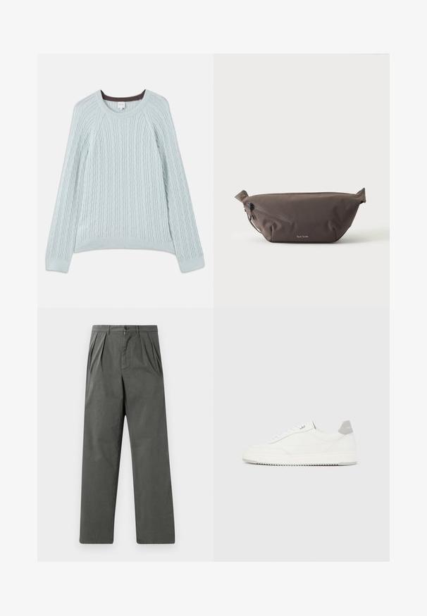 Pull en maille torsadée bleu clair avec des manches raglan, un col rond et des poignets côtelés. Texture douce avec un subtil accent marron au niveau du col.; Pantalons légers plissés en coton gris foncé avec une coupe droite. Comprend une fermeture à bouton à l'avant et des passants de ceinture.; Baskets basses blanches avec un onglet de talon gris, des lacets blancs et une semelle texturée, présentées sur un fond uni clair.; Sac banane en tissu marron foncé avec poche zippée en diagonale et petit logo blanc sur le devant, sur un fond clair uni.