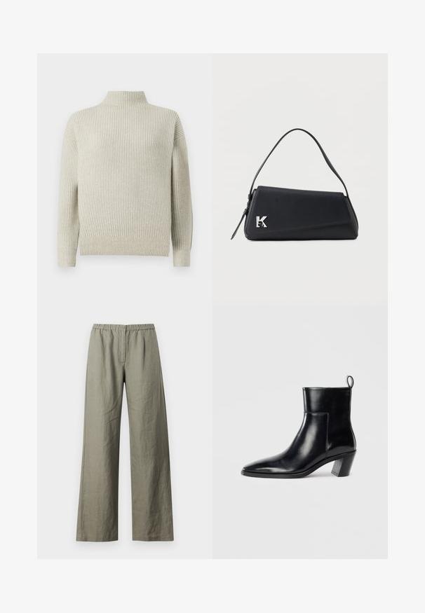 Pull en cachemire côtelé gris clair avec des manches longues et une coupe décontractée. Tissu tricoté texturé avec des manches et un ourlet à revers.; Samsøe Samsøe SATOVE TROUSERS - Pantalon classique - vetiver; Bottine en cuir noir avec un bout pointu, un talon empilé géométrique et une languette à l'arrière. Texture lisse et design épuré.; Sac à main en cuir noir avec une bandoulière fine, une fermeture à rabat triangulaire et un détail décoratif argenté en forme de "K" sur le coin avant.