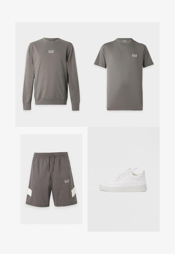 Sweat-shirt gris à manches longues avec col rond et logo EA7 Emporio Armani blanc sur la poitrine, poignets et ourlet côtelés.; T-shirt gris à manches courtes avec col rond et logo blanc EA7 Emporio Armani sur la poitrine gauche et à l'intérieur du col.; Shorts gris à taille élastique avec cordon, poches latérales, bandes blanches sur les jambes et logo blanc EA7 Emporio Armani sur la cuisse gauche.; Baskets en cuir blanc avec un embout arrondi, une semelle plate et un laçage à l'avant. Présentent des détails de couture et un col rembourré pour plus de confort.