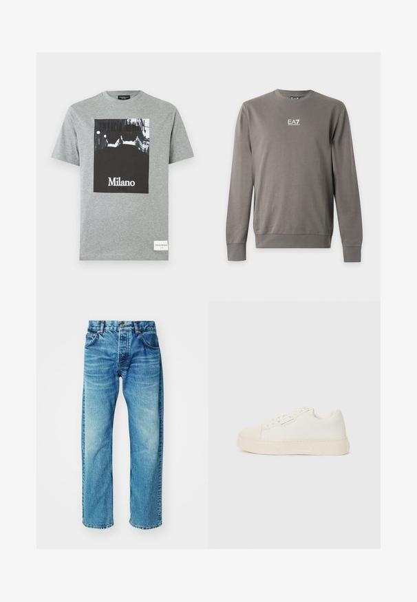 Langærmet grå crewneck-sweatshirt med EA7 Emporio Armani-logo i hvid på brystet, ribstrikkede manchetter og kant.; Grå bomulds T-shirt med et sort-hvidt grafisk print med teksten "Milano". Korte ærmer og rund halsudskæring, standard pasform.; Blå denimjeans med en afslappet pasform, der har fem lommer, en knaplukning og en subtil falming med en let, frayed kant.; Snehvid sneakers med en glat overflade, rund tå, præget logo og tekstureret hvid sål. Har snøresystem foran og et minimalistisk design.
