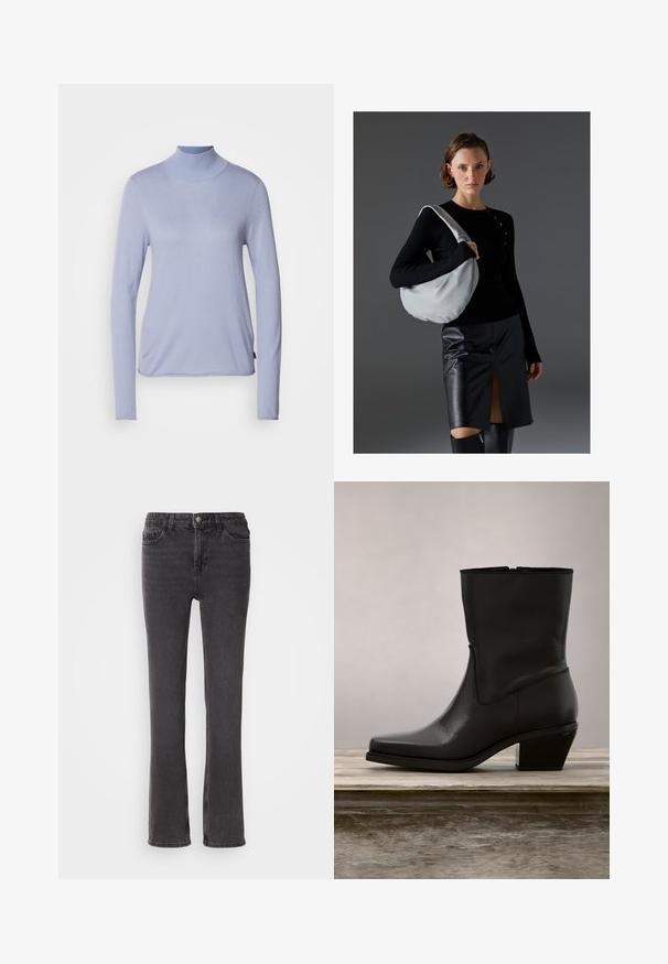 Lyseblå langærmet turtleneck-top fremstillet af blødt stof, med en tætsiddende pasform og en glat tekstur. Minimalistisk stil uden mønstre.; Sorte denim jeans med lige pasform, der har forlommer, lynlås og subtile stiksyninger. Stoffet har en let tekstur.; Sort læder ankelstøvle med spids tå, lav blokhæl, glat overflade og minimalistsk syning. Lynlåslukning synlig på bagsiden.; Hobo taske i lysegrå, blødt materiale, rund form. Stylet med en sort langærmet top og en sort lædernederdel med en forkantsslids.