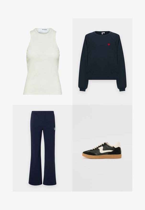 Marineblauer Langarm-Sweatshirt mit Rundhalsausschnitt und kleiner roter Herzstickerei auf der linken Brust.; Ärmelloses weißes geripptes Tanktop mit rundem Ausschnitt von Selected Femme, zeigt Vorderansicht ohne Muster oder Dekorationen.; Marineblaue Sweatpants mit geradem Bein, elastischem Bund und kleinem weißem Logo am oberen Oberschenkel.; Schwarze Wildleder- und Leder-Sneaker mit einem cremefarbenen Seiten-Swoosh und einer hellcremefarbenen Ferse. Ausgestattet mit beige Schnürsenkeln und einer Gummilaufsohle.