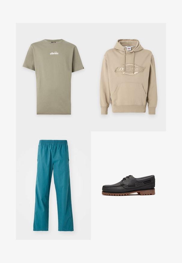 Beige huppari, jossa on kengurulaukku, nyörillinen huppu ja edessä brodeerattu "Dickies"-logo. Pehmeä puuvillakangas, ribatut hihat.; Vihreä oliivinvärinen puuvillapaita lyhyillä hihoilla ja pyöreällä kaula-aukolla; siinä on valkoinen logo rinnassa ja pieni brändilappu vasemmalla puolella.; Housut, jotka ovat teal-väriset ja valmistettu kevyestä kankaasta, jossa on joustava vyötärö ja suora leikkaus sivutaskuilla.; Mustat nahkaiset purjehduskengät, joissa nyöritykset, pyöreä kärki, teksturoitu ruskea kumipohja ja ommellut nahkasivut.