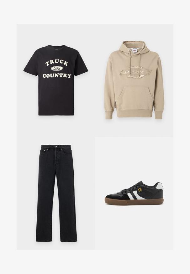 Bežová mikina s klokankou, sťahovacou kapucňou a vyšitým logom "Dickies" na prednej strane. Mäkko bavlnený materiál, ribkované manžety.; Čierne bavlnené tričko s krátkymi rukávmi, na prednej strane s nápisom "TRUCK COUNTRY" v krémovej farbe a dizajnom loga Ford.; Čierne džíny s rovnými nohavicami a vysokým pásom, s piatimi vreckami a kovovým zapínaním. Tkanina má hladkú textúru a jemný lesk.; Čierno-biele tenisky s vrchnou časťou z semišu a kože, so skupinou bielych pruhov, čiernymi šnúrkami a hnedou gumovou podrážkou. Zlato zdobené logo.