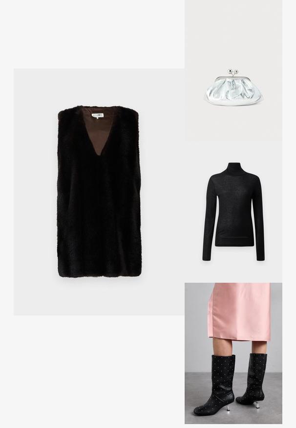 Sort langærmet turtle neck top lavet af letvægtsstof, med en tætsiddende design og minimale sømdetaljer, velegnet til lagdeling.; Ærmeløs mørkebrun faux fur vest med V-hals og glat inderside, hængende på en ensfarvet hvid baggrund.; Sorte knæhøje støvler lavet af glat materiale, med et subtilt nittermønster og sølvfarvet hæl. Sat sammen med en lyserød satin kjole.; Lille sølvfarvet metallisk clutch-pung med rundet, rynket design og lukning med to sølvkugler.
