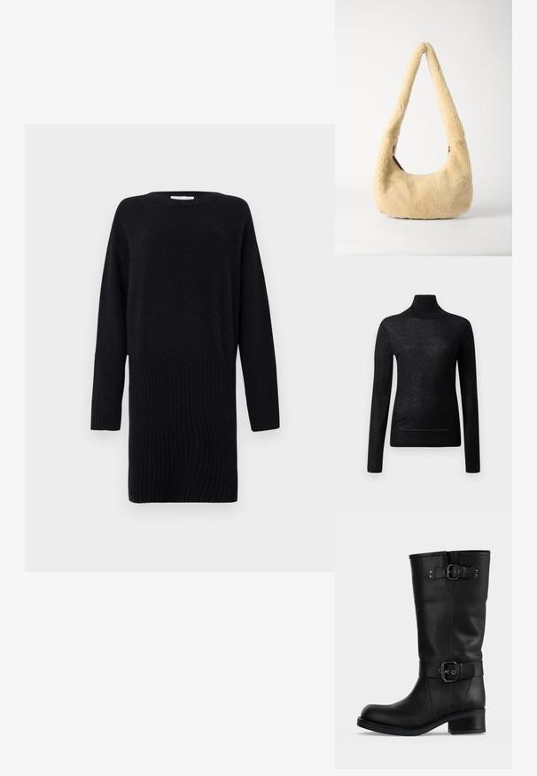 Schwarzes Langarm-Turtleneck-Oberteil aus leichtem Stoff, mit taillierter Passform und minimalen Nahtdetails, ideal zum Lagenlook.; CLOSED CREW NECK MINI DRESS - Strickkleid - black; Hoher schwarzer Lederstiefel mit zwei verstellbaren Schnallenriemen und niedrigem Blockabsatz auf schlichter Grundlage.; Beige Shearling Schultertasche mit einem gebogenen Griff und einer runden Form. Die Textur ist weich und plüschig, mit minimalen Hardware-Akzenten.