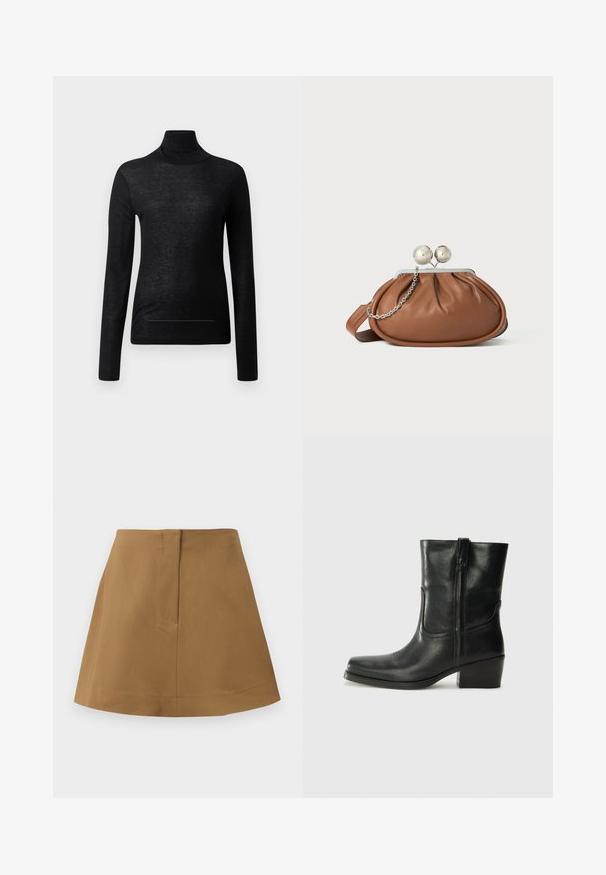 Sort langærmet turtle neck top lavet af letvægtsstof, med en tætsiddende design og minimale sømdetaljer, velegnet til lagdeling.; Brun nederdel med en udvidet silhuet, lavet af et glat stof. Har en simpel talje og en bagside med sømdetaljer.; Sort læder ankelstøvle med rundt tå, blokhæl, lynlås i siden og stikninger på vampsiden. Glat tekstur, klassisk design.; Brun læder clutch-pung med sølv kugleklap og en lille sølv kædedetalje på en hvid baggrund.
