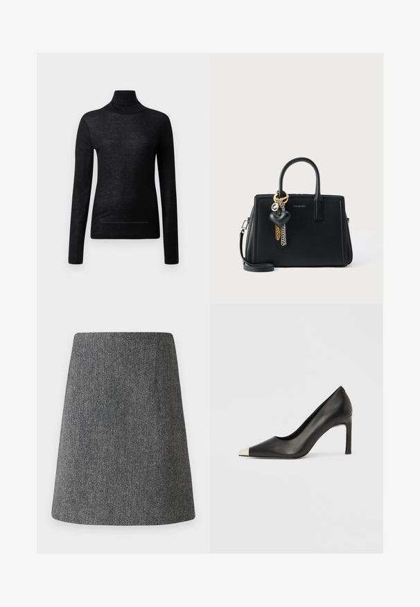 Sort langærmet turtle neck top lavet af letvægtsstof, med en tætsiddende design og minimale sømdetaljer, velegnet til lagdeling.; Grå fiskebensmønster nederdel med en udvidet A-linjeform, lavet af tekstureret stof. Har en ren talje og ingen synlige detaljer eller pynt.; Sort læder højhælet sko med spids tå og metal-sølv hætte. Har en glat finish og en slank hæl på 10 cm.; Sort læderhåndtaske med to øverste håndtag, aftagelig skulderrem og dekorativ vedhæng med kæder og hjerte-detalje.