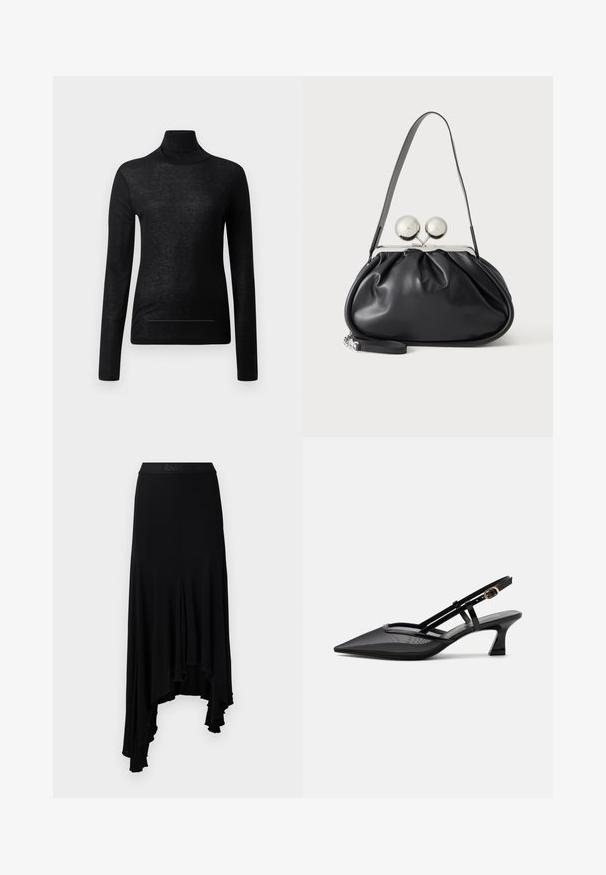Top negro de manga larga y cuello alto, fabricado en tejido ligero, con un diseño ajustado y detalles de costura mínimos, ideal para superponer.; Falda negra asimétrica con dobladillo ondulado, fabricada en un material suave y elástico, que cuenta con una cinturilla ancha con una marca en relieve.; Zapato slingback negro con punta afilada, parte superior de malla, tiras delgadas, hebilla dorada y tacón bajo curvado sobre fondo blanco.; Bolso de mano de cuero negro con diseño fruncido, una sola correa, marco metálico plateado y dos cierres grandes redondos de plata.