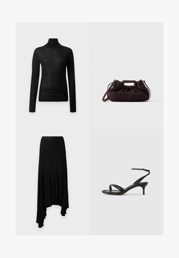 Sort langærmet turtle neck top lavet af letvægtsstof, med en tætsiddende design og minimale sømdetaljer, velegnet til lagdeling.; Sort asymmetrisk nederdel med en bølget kant, lavet af blødt, strækbart materiale, med en bred taljebånd med præget branding.; Sort damesandal i læder med tynde remme, en tå-loop, ankelspænde og en mellemhøj stiletthæl på en neutral baggrund.; Mørkebrun tekstureret håndtaske med rektangulært udskåret håndtag og aftagelig skulderrem på ensfarvet lys baggrund.