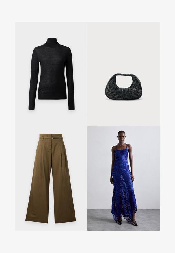 Sort langærmet turtle neck top lavet af letvægtsstof, med en tætsiddende design og minimale sømdetaljer, velegnet til lagdeling.; Breddebenede bukser i olivengrønt stof med høj talje, frontfolder og en sølvfarvet, cirkulær bøjlestik detalje. Glat tekstur.; Blå og lilla dyreprint maxi kjole med tynde stropper, en tætsiddende bodice, flagrende kant og gennemsigtig overlay-detaljering.; Sort flettet hobo-taske med blød struktur og integreret håndtag, vist på en ensfarvet lys baggrund.