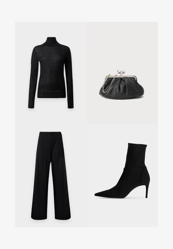 Top negro de manga larga y cuello alto, fabricado en tejido ligero, con un diseño ajustado y detalles de costura mínimos, ideal para superponer.; Pantalones de pierna ancha negros, hechos de una tela suave, con cintura alta y detalles de pliegues. Sin adornos ni patrones visibles.; Botín negro hasta el tobillo con punta afilada y tacón alto y delgado, mostrado de perfil sobre un fondo claro. Diseño elegante y minimalista.; Clutch de cuero negro con textura arrugada, marco de metal en tono plateado, cierre de beso y cadena para colgar. Superficie suave y lisa.
