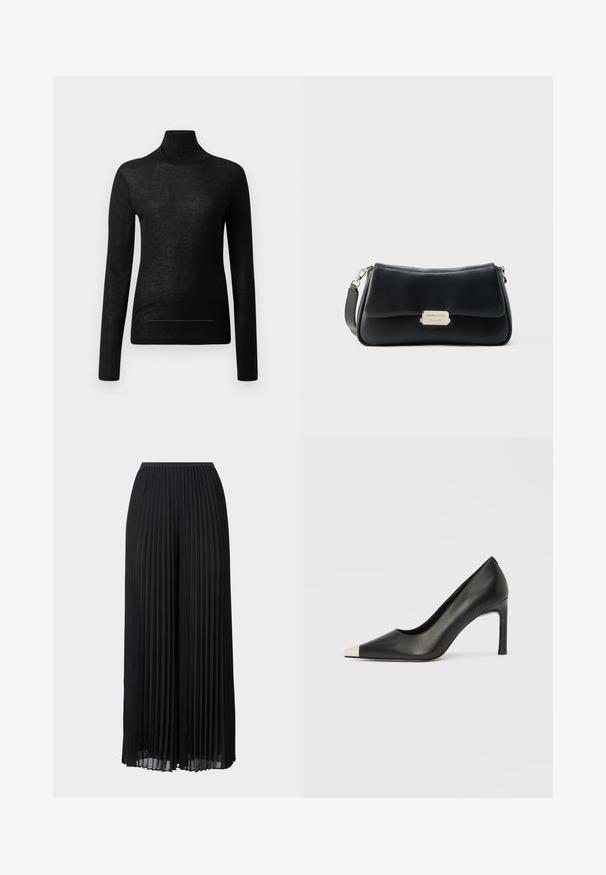 Top negro de manga larga y cuello alto, fabricado en tejido ligero, con un diseño ajustado y detalles de costura mínimos, ideal para superponer.; Pantalones anchos de pierna amplia, plisados y color negro, con una cinturilla elástica. Fabricados en un tejido ligero, con pliegues verticales en toda su extensión.; Zapato de tacón alto de cuero negro con punta en forma de pico y una tapa metálica plateada. Presenta un acabado suave y un tacón delgado de 10 cm.; Bolso de hombro de cuero negro con forma curva, con una etiqueta de herrajes en tono dorado y una correa desmontable. Textura suave.