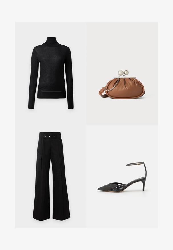 Sort langærmet turtle neck top lavet af letvægtsstof, med en tætsiddende design og minimale sømdetaljer, velegnet til lagdeling.; Sorte brede bukser med høj talje, som har store sidelommer, to forreste knapper og en løkke-detalje. Lavet af holdbart materiale.; Sort læder højhælet sko med spids tå, åbne sider og en tynd ankelrem med en lille guld detalje.; Brun læder clutch-pung med sølv kugleklap og en lille sølv kædedetalje på en hvid baggrund.