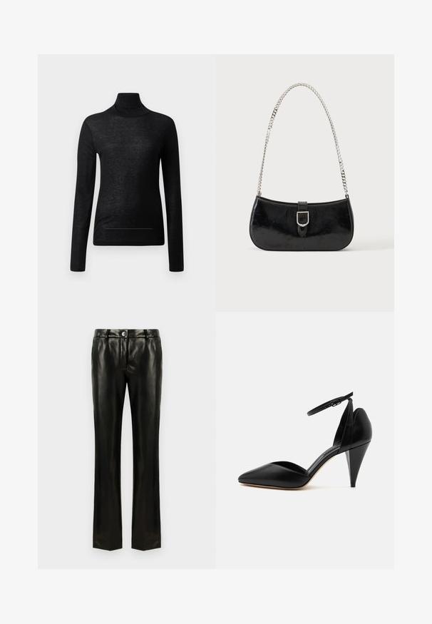 Schwarzes Langarm-Turtleneck-Oberteil aus leichtem Stoff, mit taillierter Passform und minimalen Nahtdetails, ideal zum Lagenlook.; Schwarze Kunstleder-Hose mit geradem Bein, Knopf- und Reißverschluss, Gürtelschlaufen und Seitentaschen, vor einem weißen Hintergrund präsentiert.; Schwarzer Leder-Pumps mit spitz zulaufender Vorderkappe, Knöchelriemen und kegelstumpfförmigem Absatz vor weißem Hintergrund.; Schwarze Schultertasche aus Lackleder mit silberner Schnalle und silbernem Kettenriemen, auf hellem einfarbigen Hintergrund präsentiert.