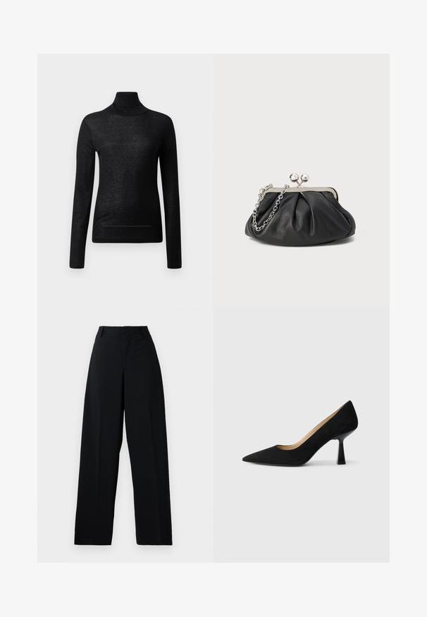 Top negro de manga larga y cuello alto, fabricado en tejido ligero, con un diseño ajustado y detalles de costura mínimos, ideal para superponer.; Pantalones de talle alto de pierna ancha en negro, con cierre de botón y cremallera, trabillas para cinturón y un acabado de tela limpio y suave.; Zapato de tacón alto de ante negro con punta afilada, que cuenta con un tacón de bloque negro brillante y un forro interior suave.; Clutch de cuero negro con textura arrugada, marco de metal en tono plateado, cierre de beso y cadena para colgar. Superficie suave y lisa.