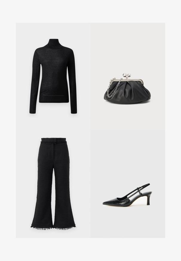 Top negro de manga larga y cuello alto, fabricado en tejido ligero, con un diseño ajustado y detalles de costura mínimos, ideal para superponer.; Pantalones de pierna ancha negros con tela texturizada, dobladillo deshilachado y cinturilla elástica. El diseño presenta un acabado suave y un ajuste relajado.; Tacón slingback negro de charol con punta afilada, que presenta un estampado de serpiente texturizado, correa ajustable y un tacón bloque corto y texturizado.; Clutch de cuero negro con textura arrugada, marco de metal en tono plateado, cierre de beso y cadena para colgar. Superficie suave y lisa.