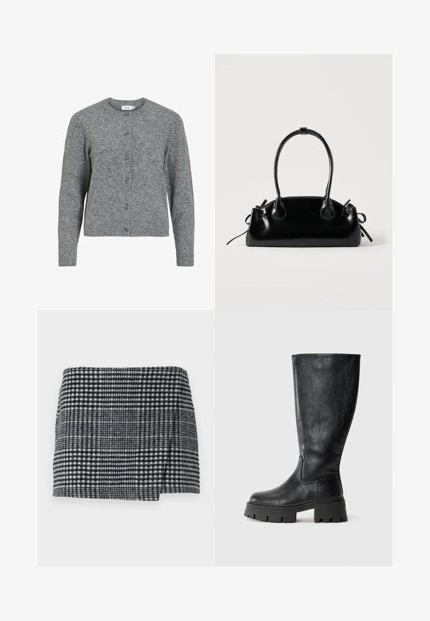 Grijze wollen cardigan met een ronde hals, lange mouwen en zes decoratieve zilverkleurige knopen aan de voorkant. Zachte textuur, minimalistisch ontwerp.; Wollen mini-jurk met een zwart-wit houndstooth patroon, rechte snit met een lichte asymmetrische zoom en textuurstof.; Zwarte kniehoge laarzen van soepel leer met een dikke, gestructureerde zool en subtiele naaddetailing aan de buitenkant.; Kleine zwarte glanzende handtas met twee lange hengsels en zijkant trekkoord details op een effen lichte achtergrond.