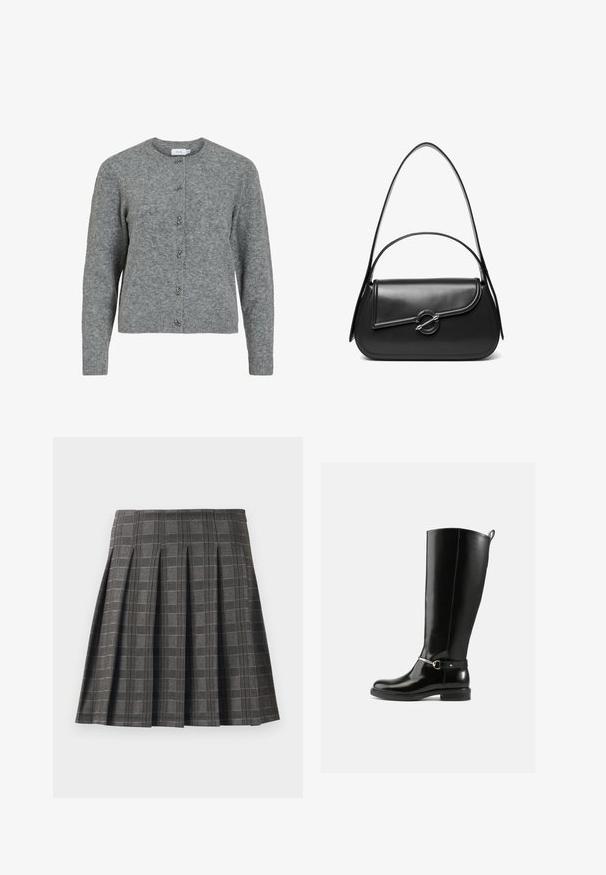 Cardigan en laine gris avec un col rond, des manches longues et six boutons décoratifs en métal argenté sur le devant. Texture douce, design minimaliste.; Jupe plissée à motif écossais gris, fabriquée à partir d'un tissu texturé. Elle présente des plis verticaux et un ourlet droit.; Bottes noires montantes en cuir verni, avec un détail de boucle argentée à la cheville et une conception à bout arrondi. Semelle plate.; Sac à bandoulière en cuir noir avec un rabat incurvé fermé par un fermoir métallique rond et une sangle fine et ajustable.