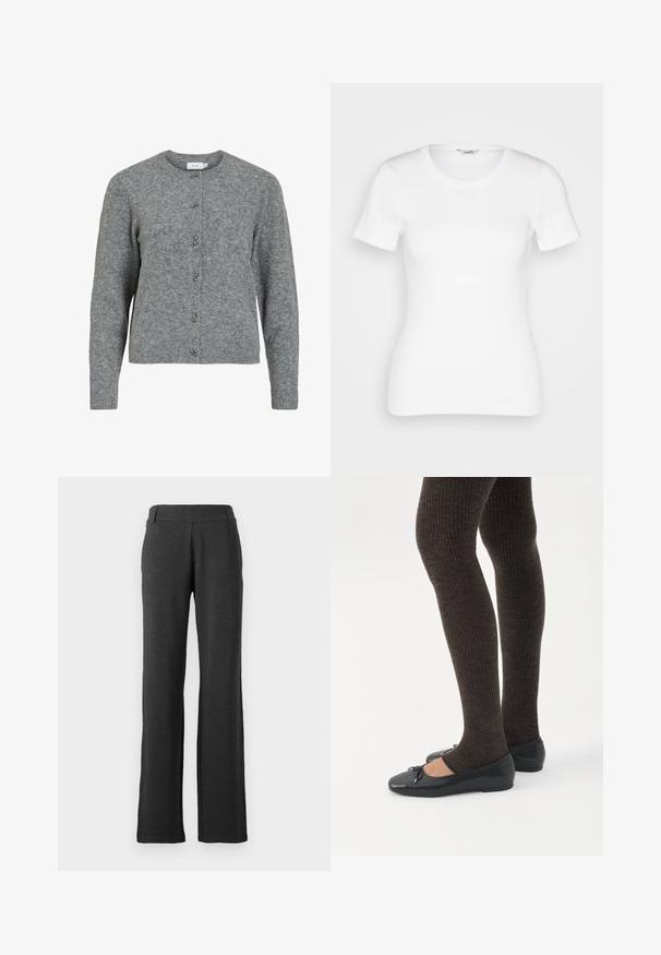 Cardigan en laine gris avec un col rond, des manches longues et six boutons décoratifs en métal argenté sur le devant. Texture douce, design minimaliste.; T-shirt en coton blanc avec des manches courtes, un col rond et une texture côtelée. Design ajusté avec une finition lisse et nette.; Pantalons droits de couleur gris foncé, fabriqués en tissu doux. Ils présentent une taille lisse et aucun motif ou accent visible.; Jambes portant des leggings côtelés foncés associés à des ballerines noires avec de petits détails en nœud sur fond blanc.