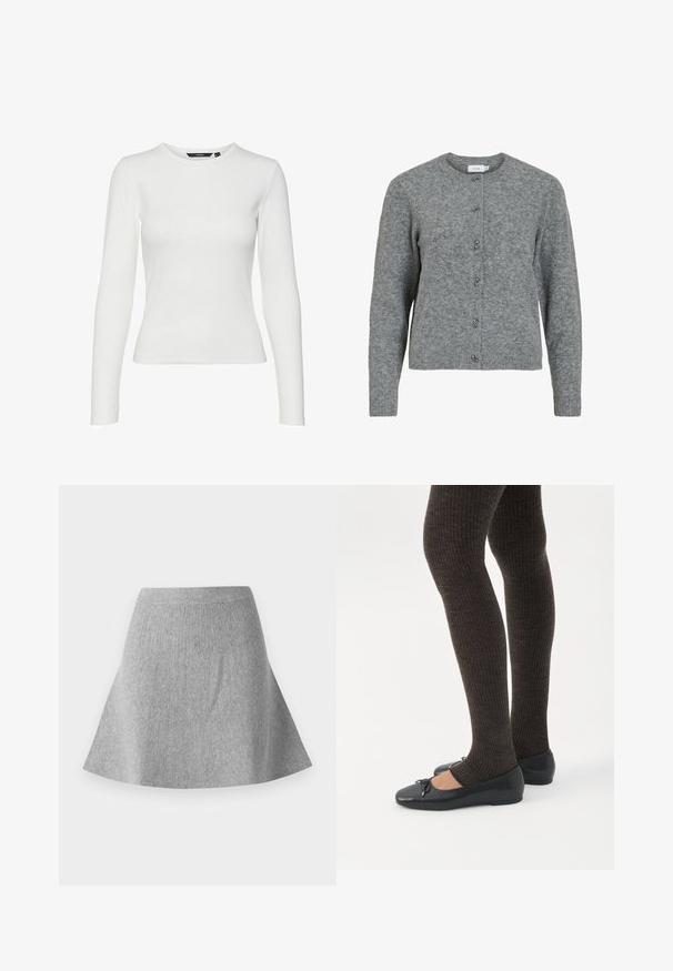 Grå uld cardigan med rund hals, lange ærmer og seks dekorative sølvfarvede knapper foran. Blød tekstur, minimalistisk design.; Hvid langærmet skjorte lavet af ribbet stof, med rund halsudskæring og tætsiddende design. Ingen mønstre eller accenter synlige.; Grå, strikket sømdnederdel med en tekstureret finish. Har en taljeing og en glat silhuet, der smalner ind mod kanten.; Ben iført mørke ribbede leggings kombineret med sorte balletsko med små sløjfedetaljer på hvid baggrund.