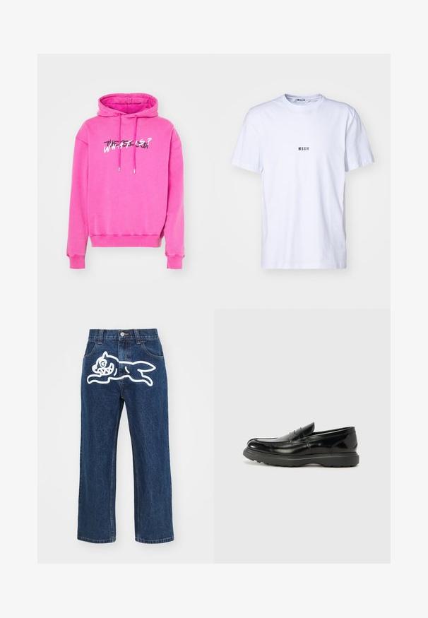 Roze hoodie met een trekkoordkap, ribgebreide boorden en een grafische print met de tekst "WAT IS?" in contrasterende kleuren op de voorkant.; Witte katoenen T-shirt met een ronde halslijn, korte mouwen en een klein zwart 'MSGM'-logo op de voorkant. Glad van structuur.; Donkerblauwe wijde jeans met een grote witte cartoonhond graphic op de achterzak. Denimtextuur, traditionele vijf-pocket ontwerp.; Zwarte leren instapper met een glanzende afwerking, een ronde neus, subtiele stiksels en een dikke rubberen zool voor duurzaamheid.