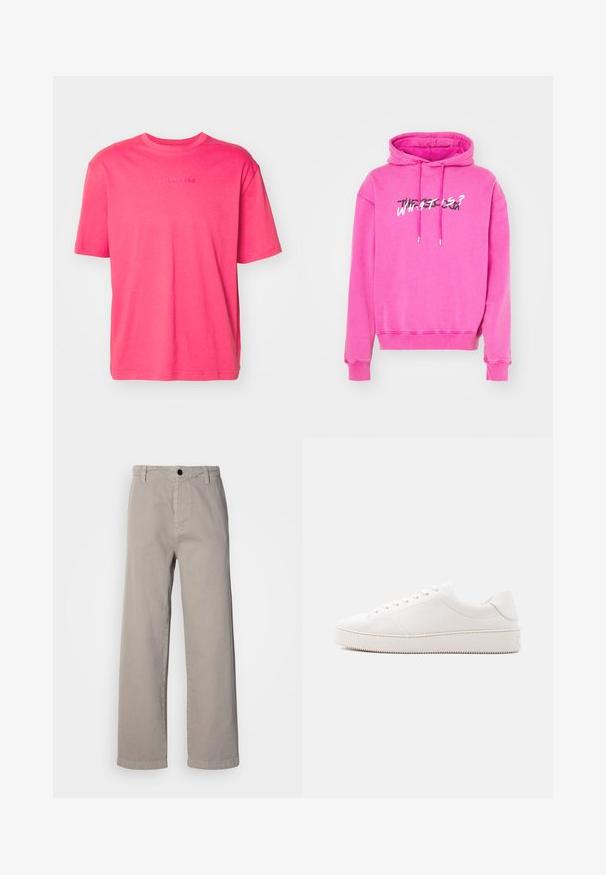 Pink hoodie med snoretræk i hætten, ribbede manchetter og en grafisk print med teksten "HVAD ER?" i kontrasterende farver på forsiden.; Kortærmet t-shirt med rund hals i lys pink bomuld med præget brandlogo i midten, der har en afslappet pasform og en glat tekstur.; Beige vide bukser lavet af blødt bomuld, med en knaplukning og bæltestropper. Glat tekstur med et rent, minimalistisk design.; Hvid lædersneaker med en glat overflade, rund tå, seks-huls snørebånd og en struktureret gummisål. Minimalistisk design uden mønstre.