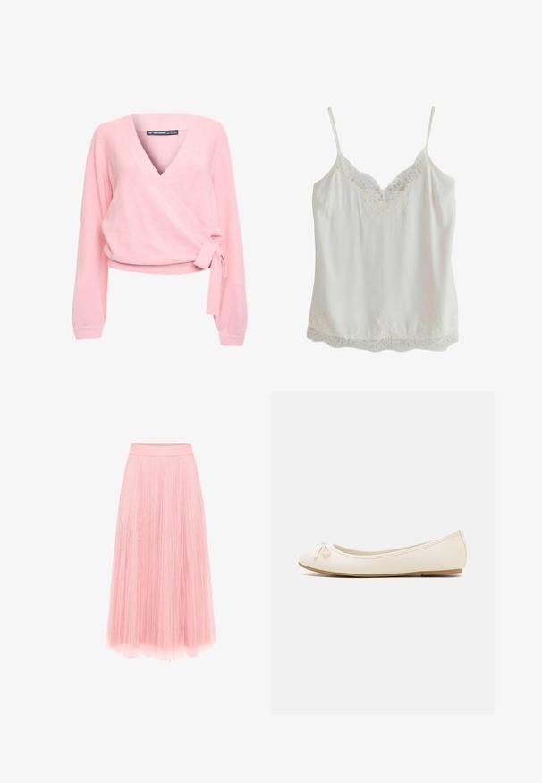 Threadbare Pullover - pink; Camisole blanche sans manches avec fines bretelles et bordure en dentelle au niveau de l'encolure et de l'ourlet, fabriquée en tissu lisse.; zero MIT PLIESSENDEM BECHER - Jupe plissée - bridal rose; Ballet flats de couleur crème avec un bout arrondi, un petit nœud sur le devant et une semelle beige texturée. Matériau synthétique lisse.