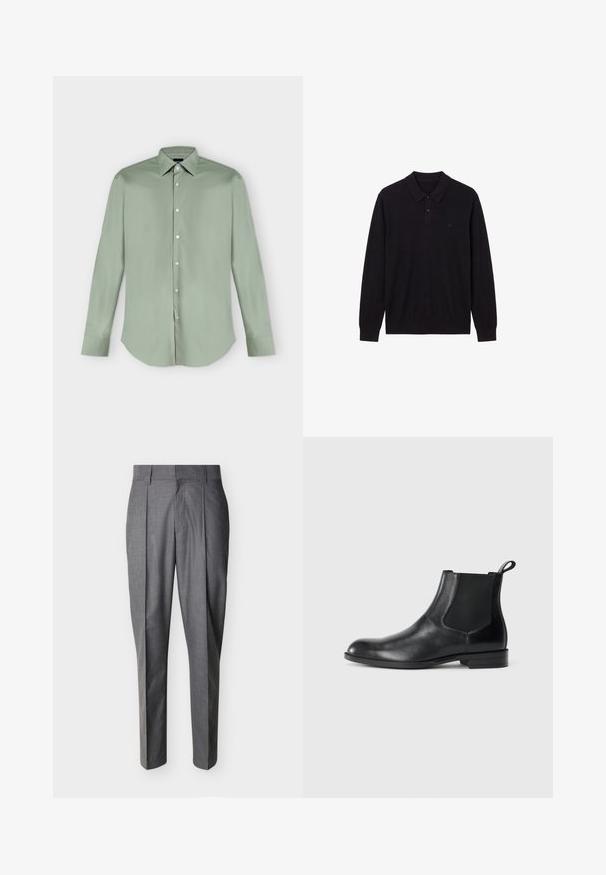 Polo noir à manches longues avec deux boutons et poignets côtelés, orné d'un petit logo discret sur la poitrine gauche.; Chemise vert clair à manches longues, boutonnée, avec col pointu et ourlet arrondi, présentée à plat sur fond blanc.; Pantalon de tailleur gris avec plis et passants pour ceinture, présenté à plat sur un fond blanc.; Bottine en cuir noir avec des panneaux latéraux élastiques, bout rond et tirette. Texture lisse, semelle plate, design minimaliste.