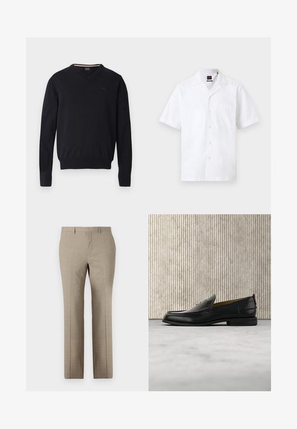 Pull noir à col en V en tissu tricoté doux. Caractéristiques : manches longues, poignets et ourlet côtelés, avec un détail de logo embossé sur la poitrine.; Chemise blanche pour homme à manches courtes, boutonnée à l'avant, avec une poche frontale et un col club.; Pantalons beige sur mesure avec une texture lisse, design à jambe droite, motif à carreaux subtil et devant plat. Deux poches arrière incluses.; Mocassin pour homme en cuir noir avec un dessus embossé effet croco et un petit talon, présenté de profil sur un fond neutre.