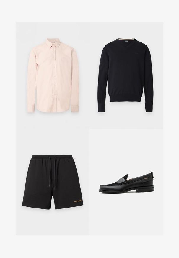 Pull noir à col en V en tissu tricoté doux. Caractéristiques : manches longues, poignets et ourlet côtelés, avec un détail de logo embossé sur la poitrine.; Chemise rose clair à manches longues avec boutons, col pointu, logo discret sur la poitrine et poignets boutonnés sur un fond blanc uni.; Shorts noirs en tissu doux, dotés d'une ceinture élastique avec un cordon de serrage et un petit logo orange "TOMMYJEANS" à l'ourlet.; Mocassin en cuir noir avec détail de bride grise, talon bas et semelle texturée, marqué "HUGO" en or sur le côté.