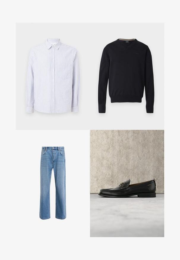 Pull noir à col en V en tissu tricoté doux. Caractéristiques : manches longues, poignets et ourlet côtelés, avec un détail de logo embossé sur la poitrine.; Chemise à rayures bleu clair et blanche. Dotée d'un col pointu, de manches longues et d'une poche poitrine unique. Tissu en coton.; Jeans en denim bleu clair avec une coupe droite, cinq poches, fermeture à bouton, peu d'usure et des détails de couture contrastés.; Mocassin en cuir noir avec mors en métal doré et logo "HUGO", présenté sur un tapis beige et un meuble translucide marron.
