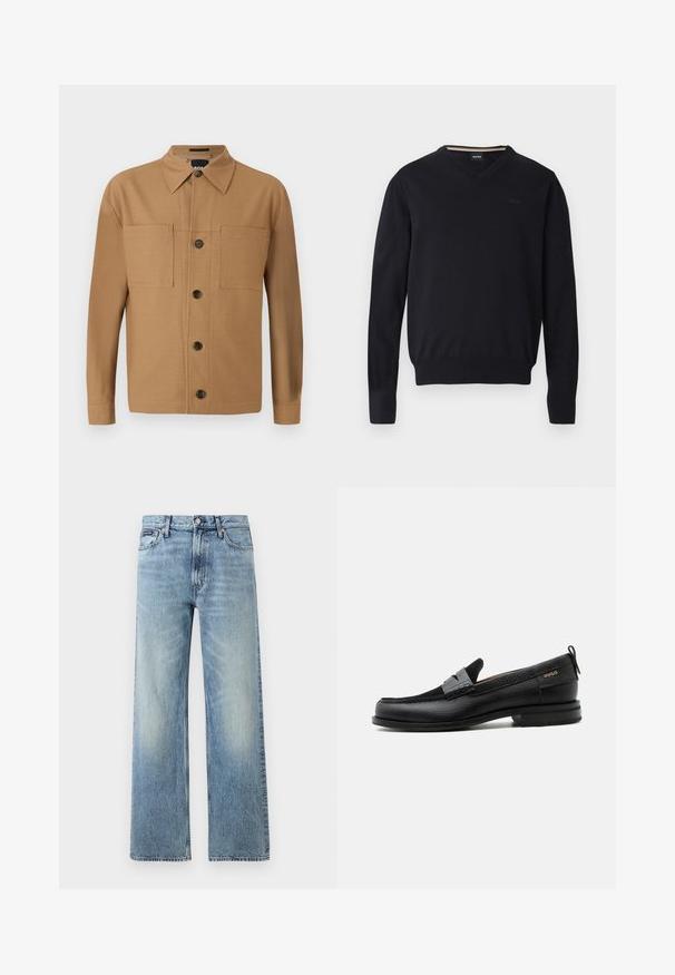 Must musta V-kaelusega kampsun, valmistatud pehmest kudumist. Omadused hõlmavad pikki varrukaid, soonikuga mansette ja serva ning reljeefset logodetaili rinnal.; BOSS CRAIG - Pluus - medium beige; Hele sinise värviga sirge säärega teksapüksid kõrge vöökohaga, viie taskuga, nööpidega kinnitatavad ja õrnade plekidega reite ja põlvede piirkonnas.; Must nahast loafer halli rihma detailiga, madala kand ja tekstuurse tallaga, külgedel kuldse "HUGO" brändiga.