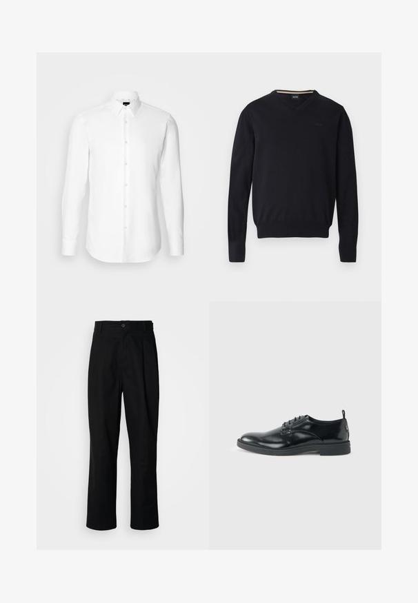 Sort v-hals sweater lavet af blødt strikket stof. Har lange ærmer, ribbede manchetter og kant samt præget logodetalje på brystet.; Hvid skjorte med lange ærmer, knaplukning foran, klassisk krave, lavet af glat stof med en subtil tekstur, designet til et tætsiddende udseende.; Sorte lige ben bukser med en knaplukket talje, bæltestropper og en frontfold, præsenteret mod en ensfarvet hvid baggrund.; Blank sort læder dresssko med lav hæl, snørelukning og rund tå, vist fra siden på ensfarvet lys baggrund.