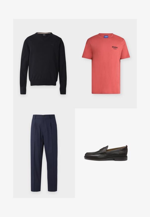 Sort v-hals sweater lavet af blødt strikket stof. Har lange ærmer, ribbede manchetter og kant samt præget logodetalje på brystet.; Rød kortærmet T-shirt med rund halsudskæring med lille sort "HUGO"-logo og tekst på venstre bryst samt blå mærketap inde i kraven.; Marineblå bukser lavet af glat stof, med lige ben, folder foran og en enkelt knaplukning i taljen.; Brun læderloafer med rundet tå, der har et syet design på vampen og en lavprofileret gummisål. Minimalistisk mærkedetalje.
