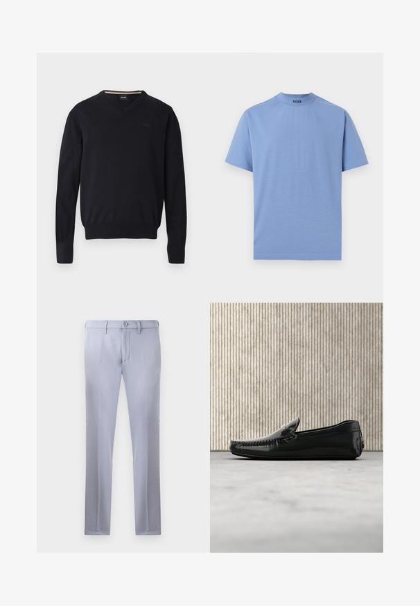 Sort v-hals sweater lavet af blødt strikket stof. Har lange ærmer, ribbede manchetter og kant samt præget logodetalje på brystet.; Lyseblå kortærmet T-shirt med rund hals og "BOSS"-logo trykt indvendigt i kraven, vist på en hvid baggrund.; Lysegrå skræddersyede bukser lavet af glat stof, med knaplukning, bæltestropper og lige ben. Ingen synlige lommer.; Sorte læder loafers med en blank overflade, rund tå og dekorativt hardware foran. Lavprofil gummisål. Glat tekstur.