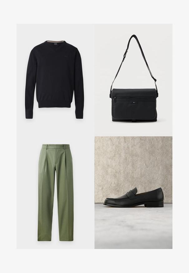 Sort v-hals sweater lavet af blødt strikket stof. Har lange ærmer, ribbede manchetter og kant samt præget logodetalje på brystet.; Skræddersyede bukser i olivengrøn stof med en glat tekstur, der har to frontfald, bæltestropper og et lige ben-design.; Sort lædersko i loafer-stil svæver over et beige tæppe med et blankt brunt rundt bord i baggrunden.; Sort rektangulær messenger-taske med justerbar skulderrem, lynlåslomme foran og lille præget "BOSS"-logo på klappen.