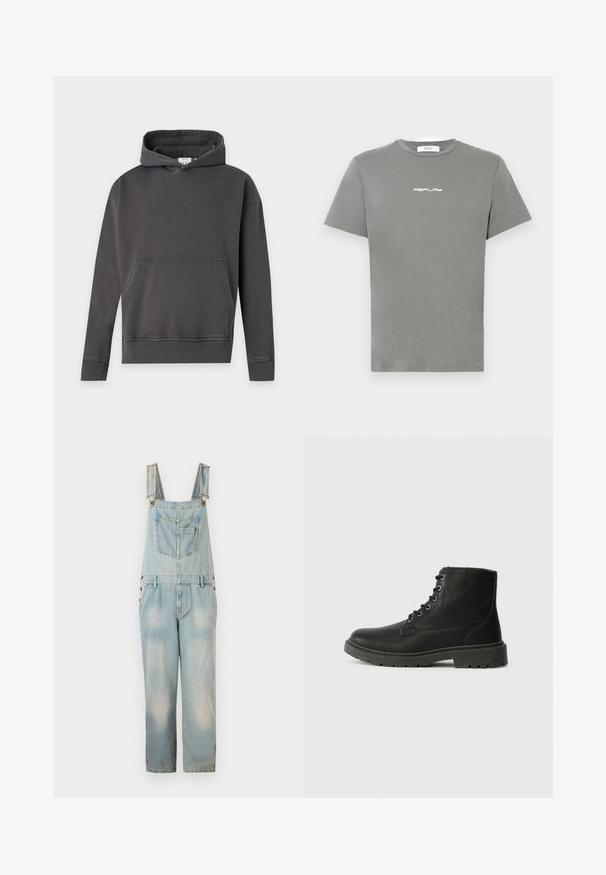 Sweat à capuche gris foncé à enfiler avec poche kangourou à l'avant, manches longues et poignets et ourlet côtelés sur fond neutre.; T-shirt en coton gris à manches courtes et col rond, avec un logo "REPLAY" blanc sur le devant. Design simple et sans ornements.; Salopette en denim bleu clair avec bretelles réglables, poches sur la poitrine et les côtés, et une coupe ample à longueur raccourcie. Zones décolorées présentes.; Bottine noire en cuir avec un design à lacets, semelle en caoutchouc épaisse, finition texturée et couture renforcée. Présente un branding minimaliste.